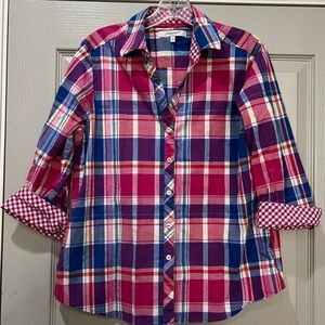 Foxcroft 12 Shaped Mary Madras Plaid Button Down Shirt Y7